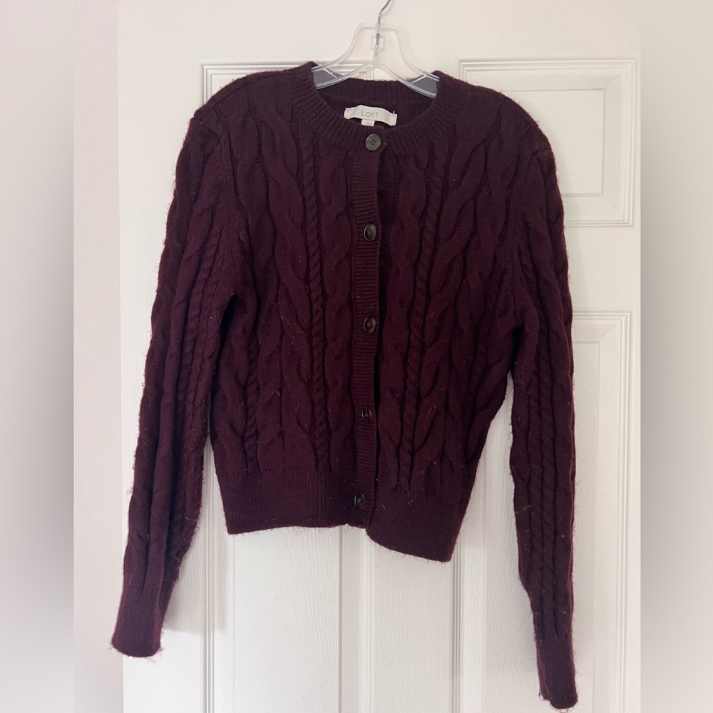 Women's LOFT Burgundy Cable Knit Cardigan Sweater